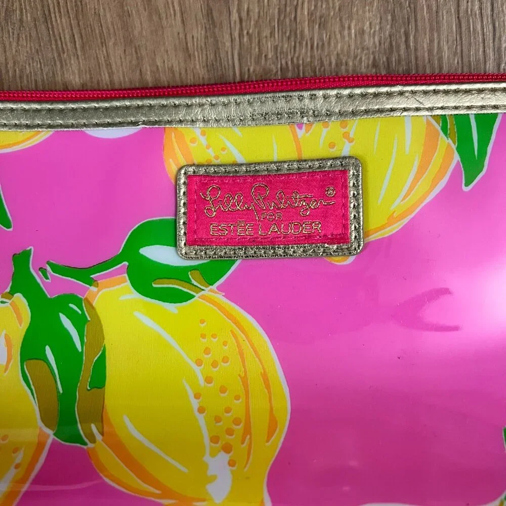Lilly Pulitzer for Estee Lauder Pink Lemon Floral Makeup/Cosmetic Bag Bundle